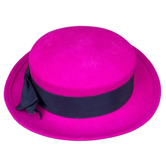 Vintage Fuchsia Pink Hat WPL 4384 100% Wool USA w/Black Bow Band Derby - Picture 3 of 6